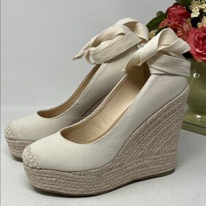 SHOEDAZZLE VILETTE ESPADRILLE WEDGE PLATFORM CREAM CANVAS SZ 7.5 EU 38 NEW